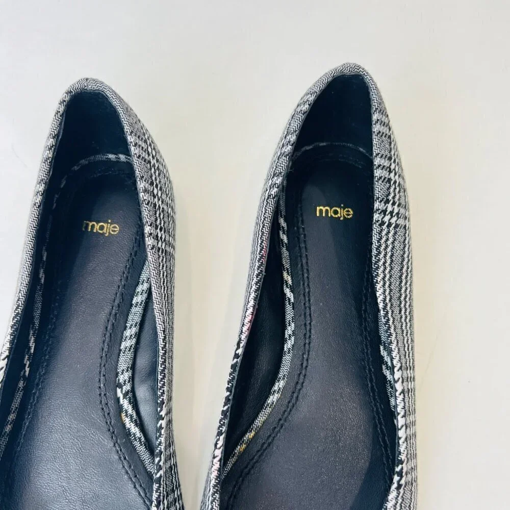 Maje plaid fabric poured toes flats , black, Size 36